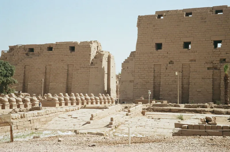 Karnak's first pylon and the row of ram-headed sphinxes by the old quay