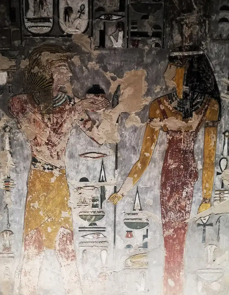 Painted relief of Seti I offering to the goddess Hathor in his tomb in the Valley of the Kings