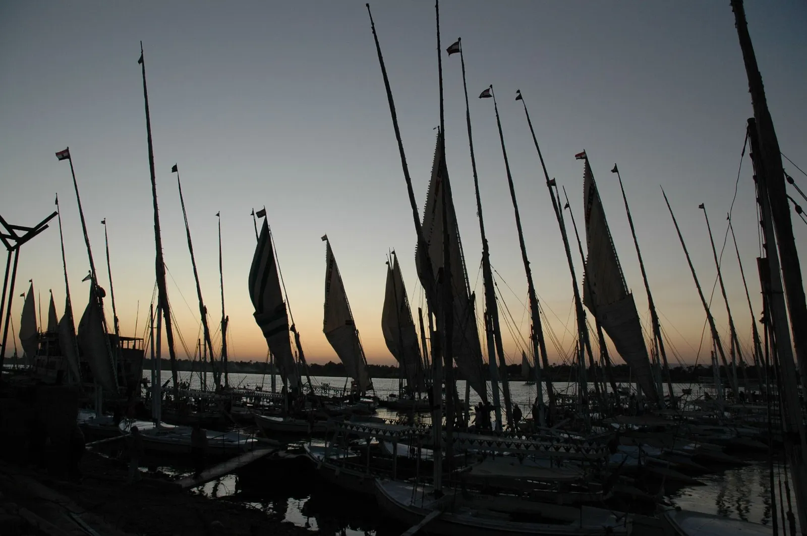 Felucca masts and furled sails silhouetted at dusk on the Nile