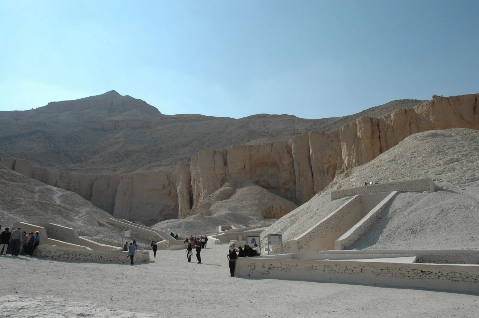 Main path through the Valley of the Kings with tomb entrances and the peak behind