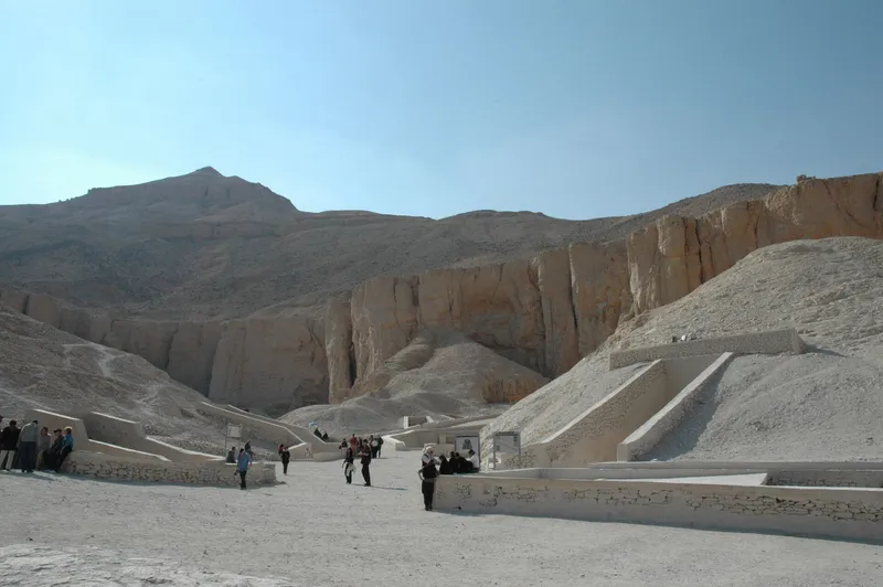 Main path through the Valley of the Kings with tomb entrances and the peak behind