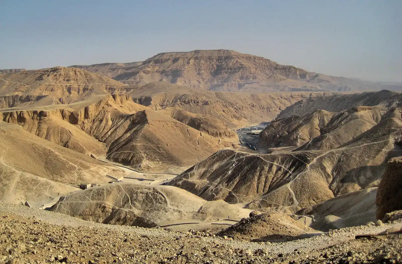 View from the hill path above the Valley of the Kings over the folded desert hills