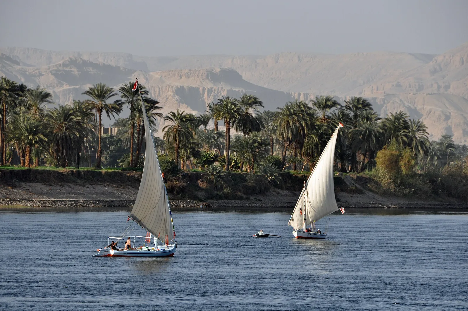 Two feluccas sailing on the Nile at Luxor, with palms and the West Bank hills behind
