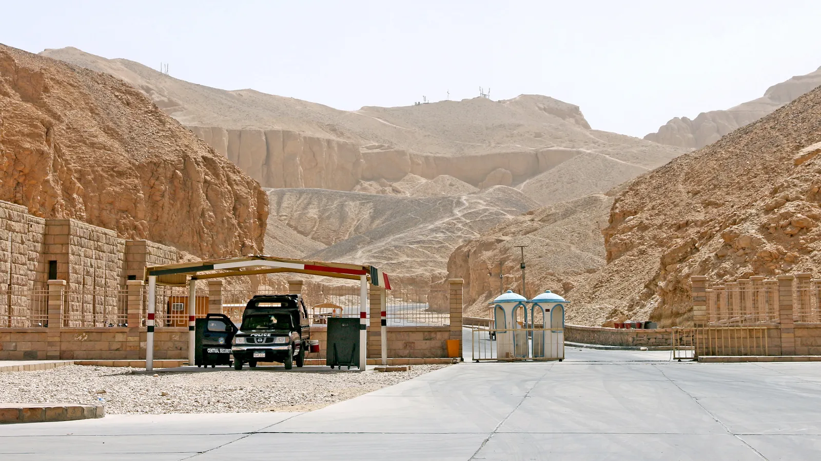 Security gate and ticket kiosks on the entrance road to the Valley of the Kings
